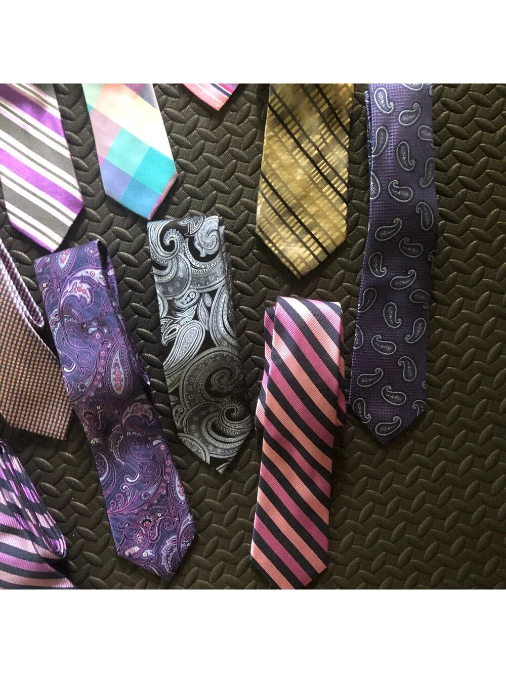 Set of 13 Men's Patterned Silk Ties in Purple, Pink, Blue, and Gold Tones